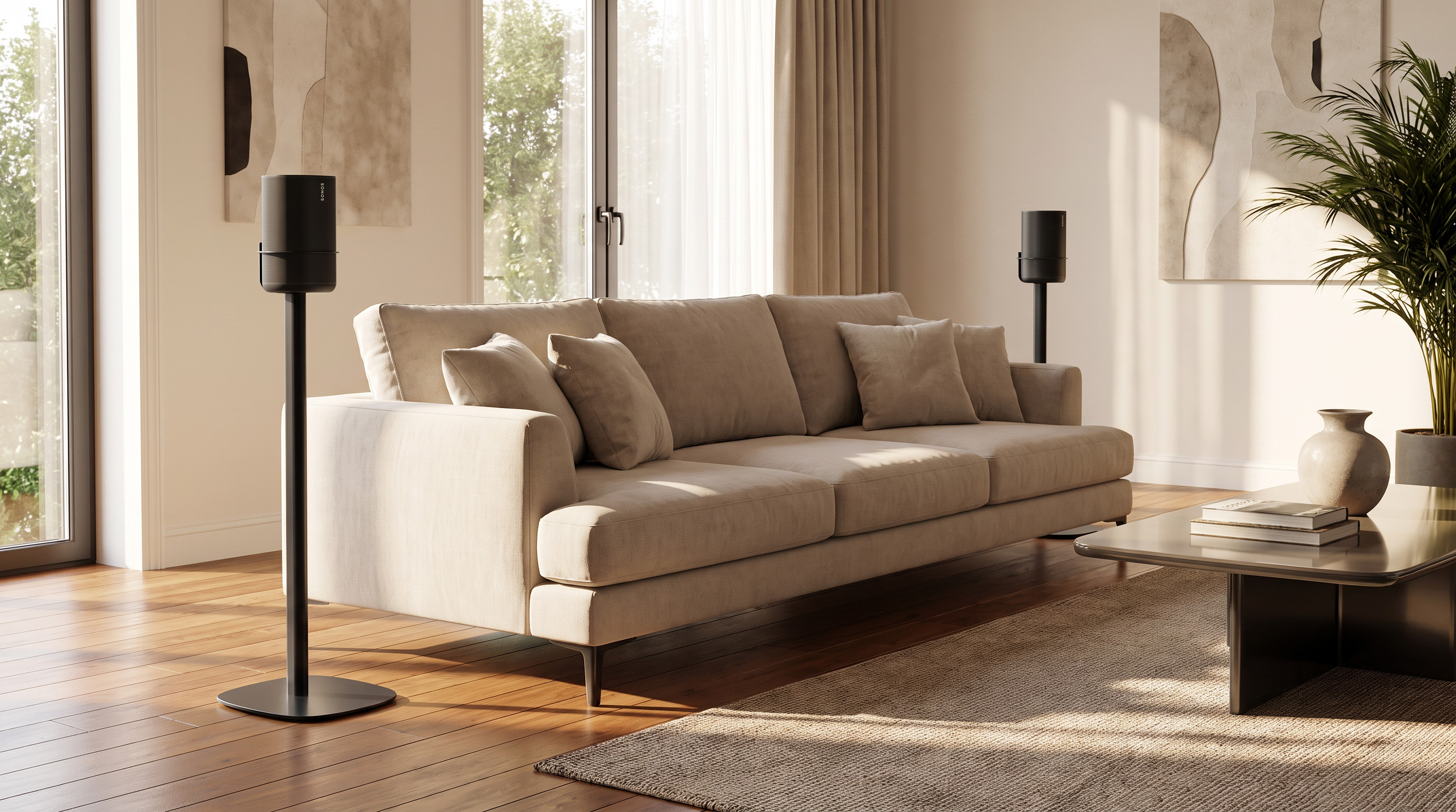 Due diffusori Sonos Play su stand da pavimento dietro un divano, con una linea di vista libera verso la soundbar