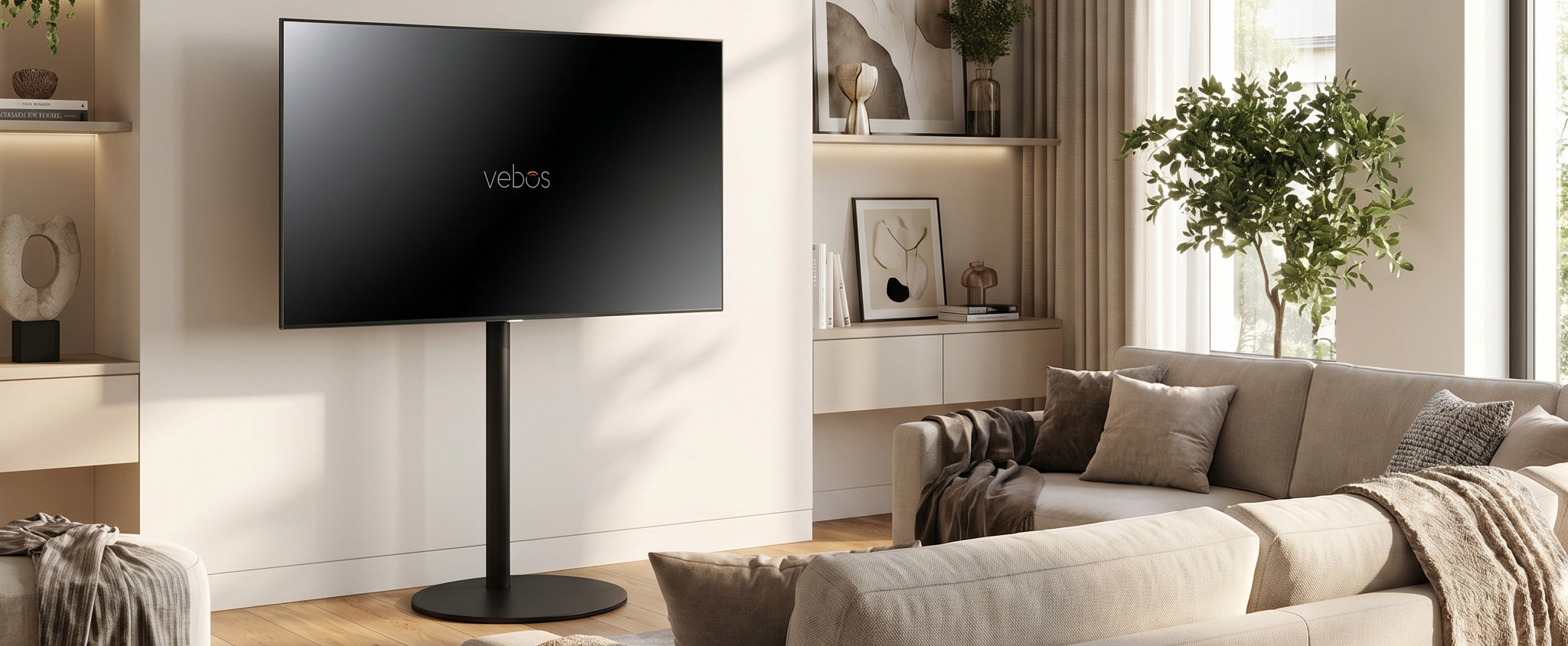 Un piedistallo TV argentato con un televisore montato su un pavimento in legno davanti a una parete bianca.