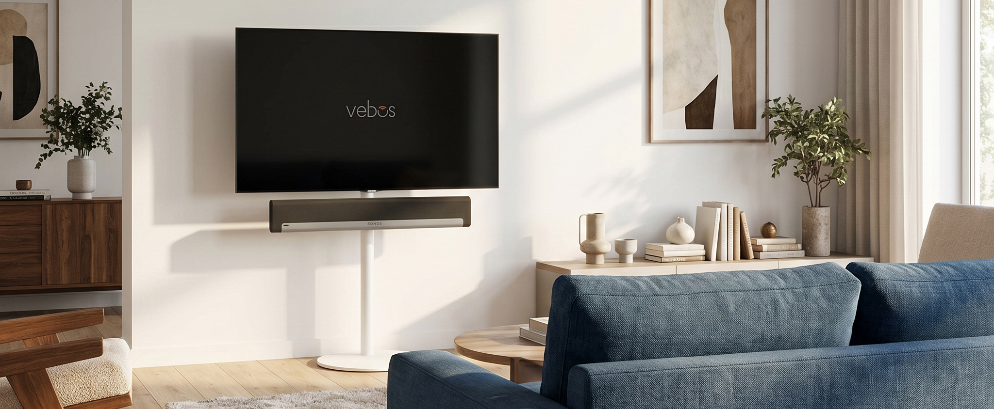 Un televisore montato su un piedistallo TV per una parete neutra.